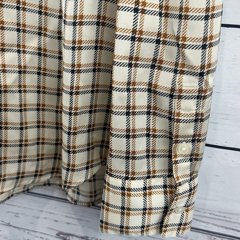 Ann Taylor Plaid Tie Neck Blouse Size 10 Cream Brown Long Sleeve - Picture 6 of 7